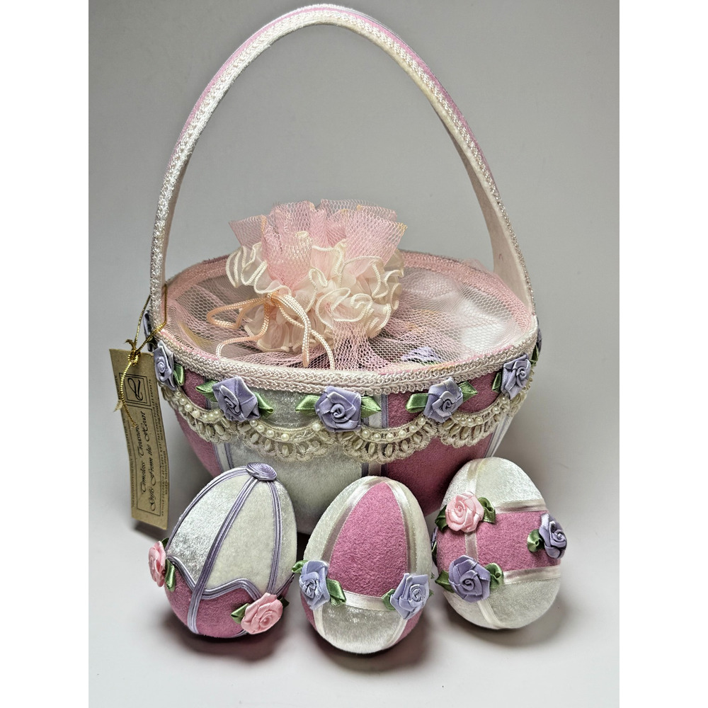 Timeless Treasures 7 Decorated Easter Eggs & Basket Purple Pink Velvet Rosettes